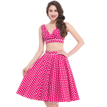 Belle Poque Zwei Stück Ärmellos V-Ausschnitt Deep Pink Polka Dots Retro Vintage Kleid BP000026-1